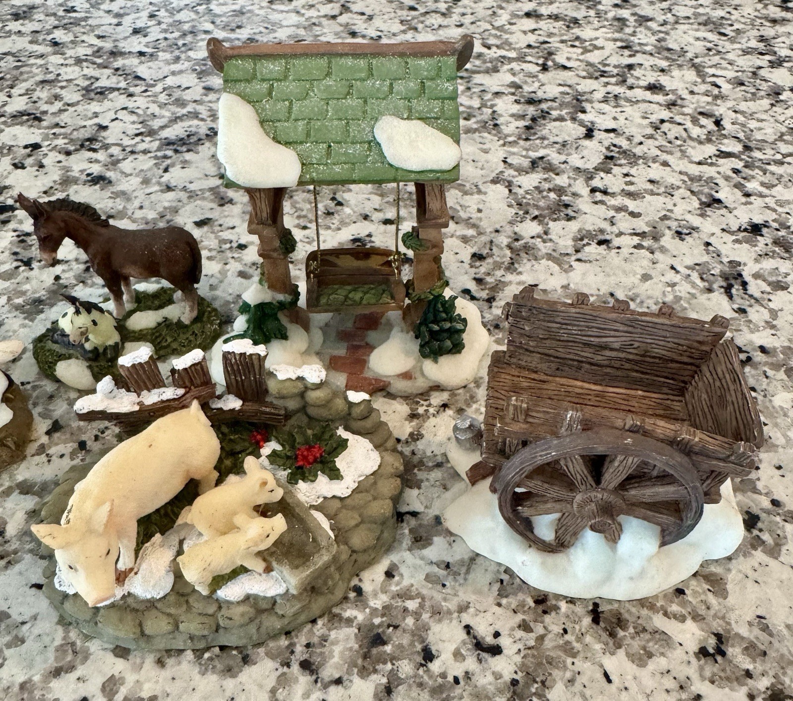 Lot Of O’WELL Village Figurines Farm Animals, Swing, Cart, Christmas Theme