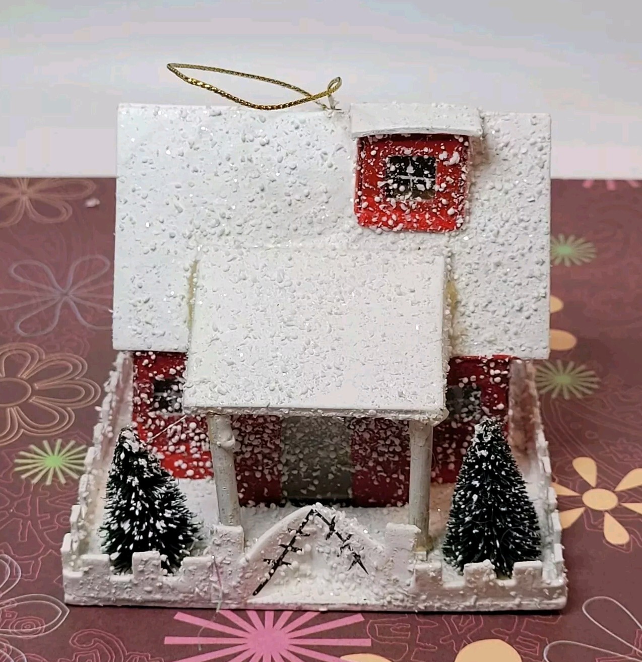 Vtg Inspired Putz House Red W/White Roof Snow Trees Fence Glitter Light Hole
