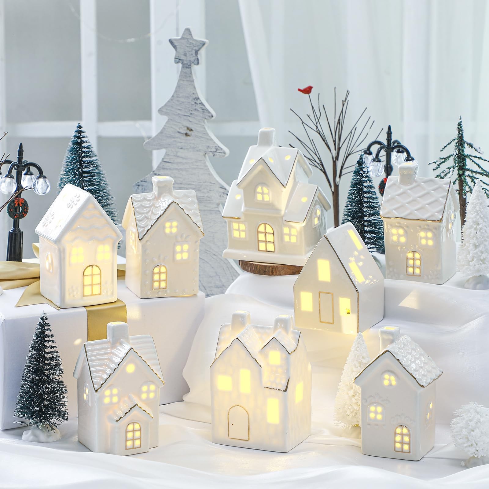 28 Pcs Ceramic LED White Christmas Village Set Include 8 LED White Christmas …