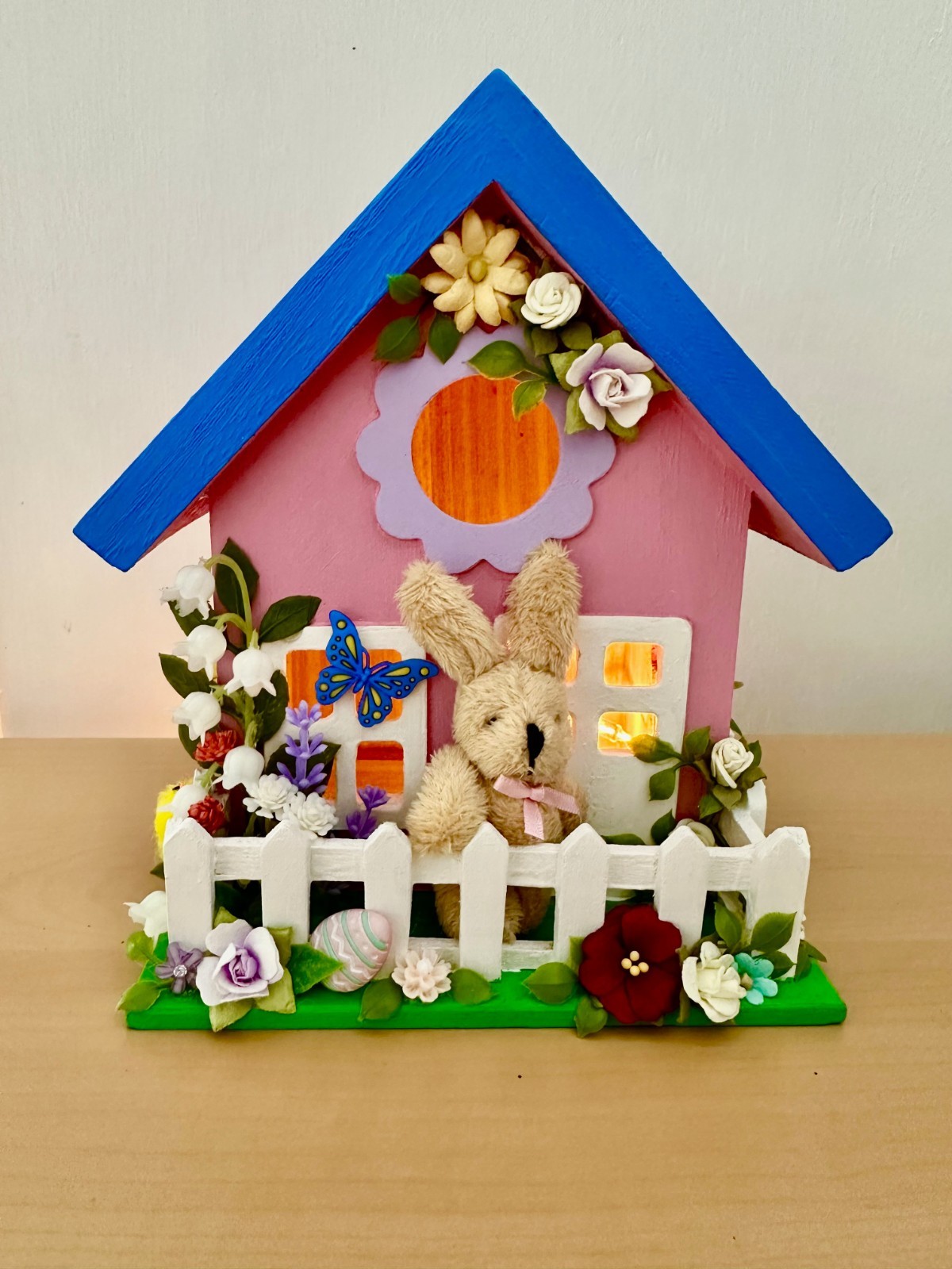 New Original Pink Wooden Easter Village House with Fuzzy Bunny and Lights