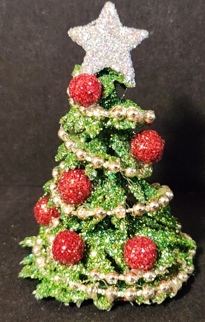 Tiny 2 inch Decorated Fairy Garden Dollhouse Christmas Tree Lime Green Glitter