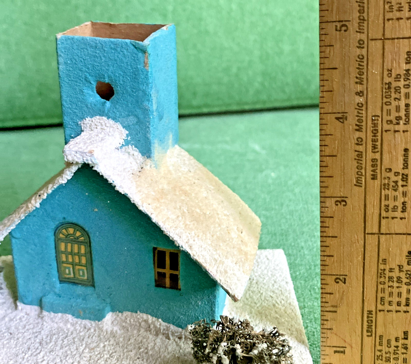 3 Vtg Christmas Putz Houses Cardboard w Mica Glitter, Windows, Trees