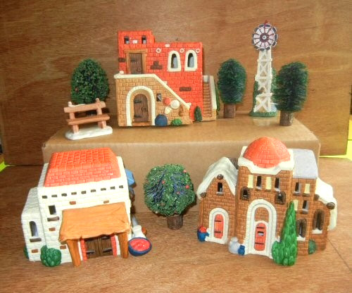9 PCS 1996 NOMA SOUTHWESTERN STYLE CHRISTMAS SCENE 3 NOT LIT HOUSES + NO BOX