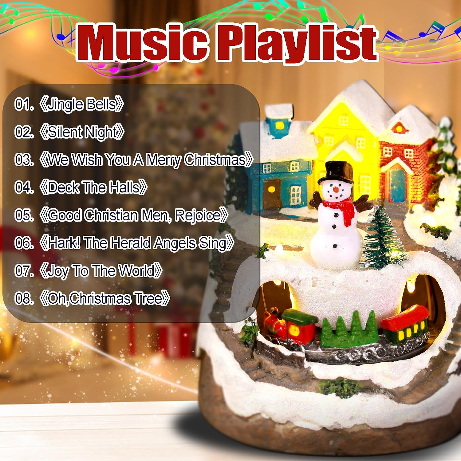 Musical Christmas Village Houses with LED Light & Rotating Train, Ornaments Cent