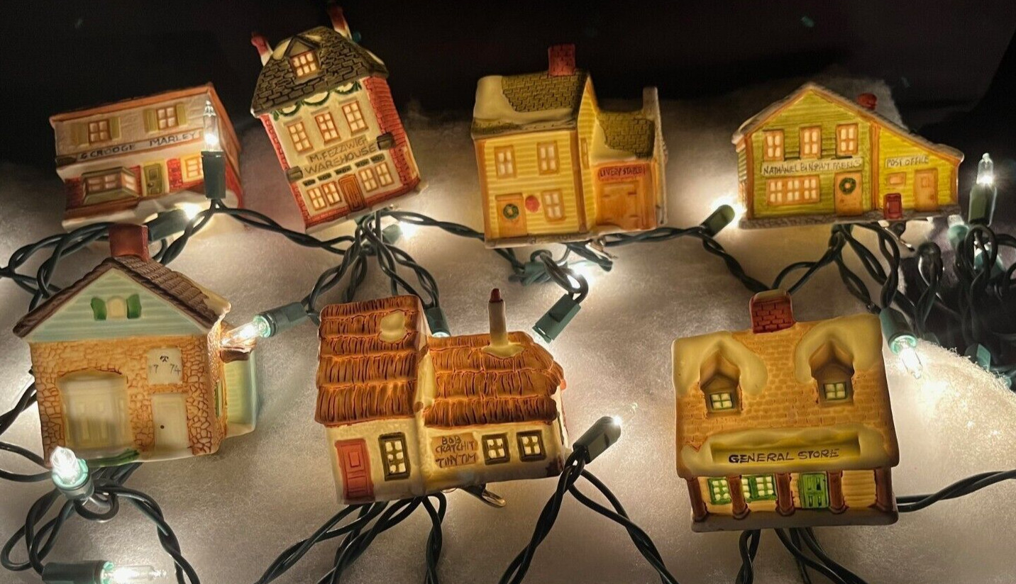 Set of 7 Dept 56 NE Village Hand-Painted Bisque Lite-Up Ornaments with Clips