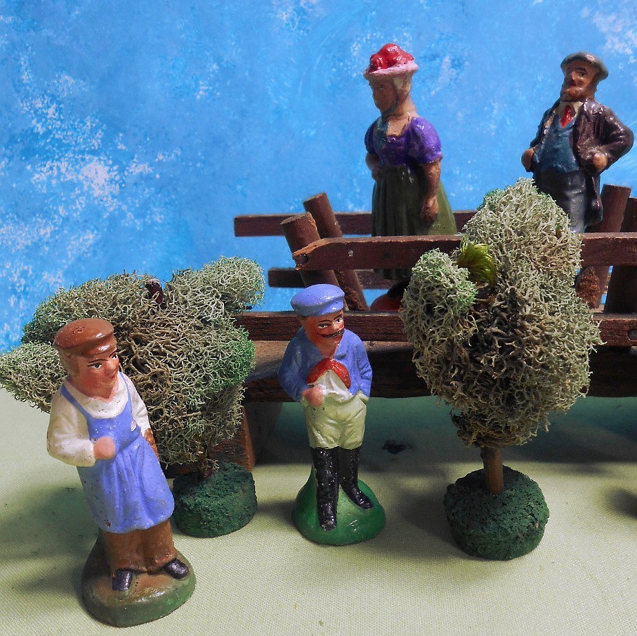 Lot of 10 Putz Items – Moss Trees, Bridge, Goose, and 5 Elastolin German People