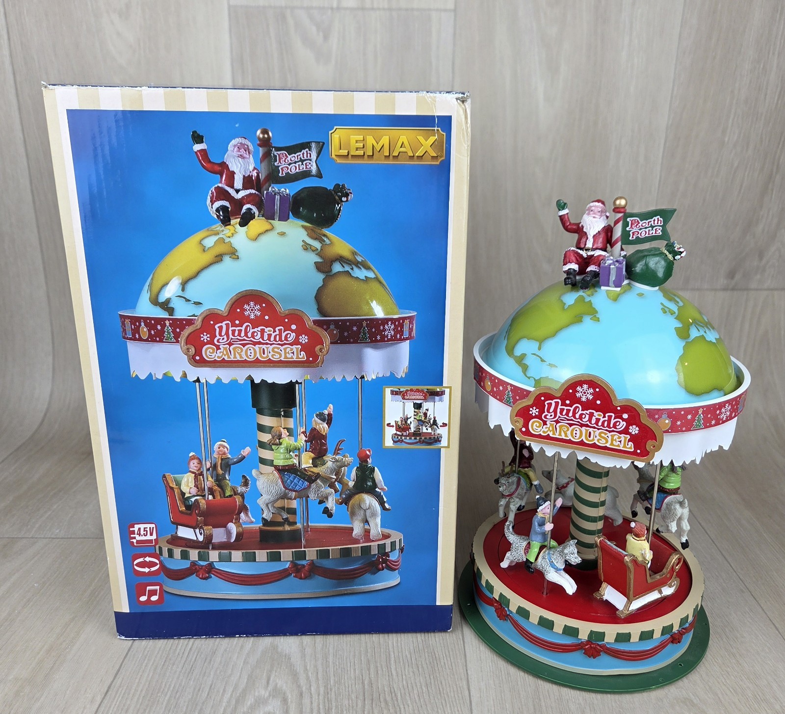 Lemax Yuletide Carousel Santa Xmas Globe Works NO POWER CORD/RUNS ON BATTERIES