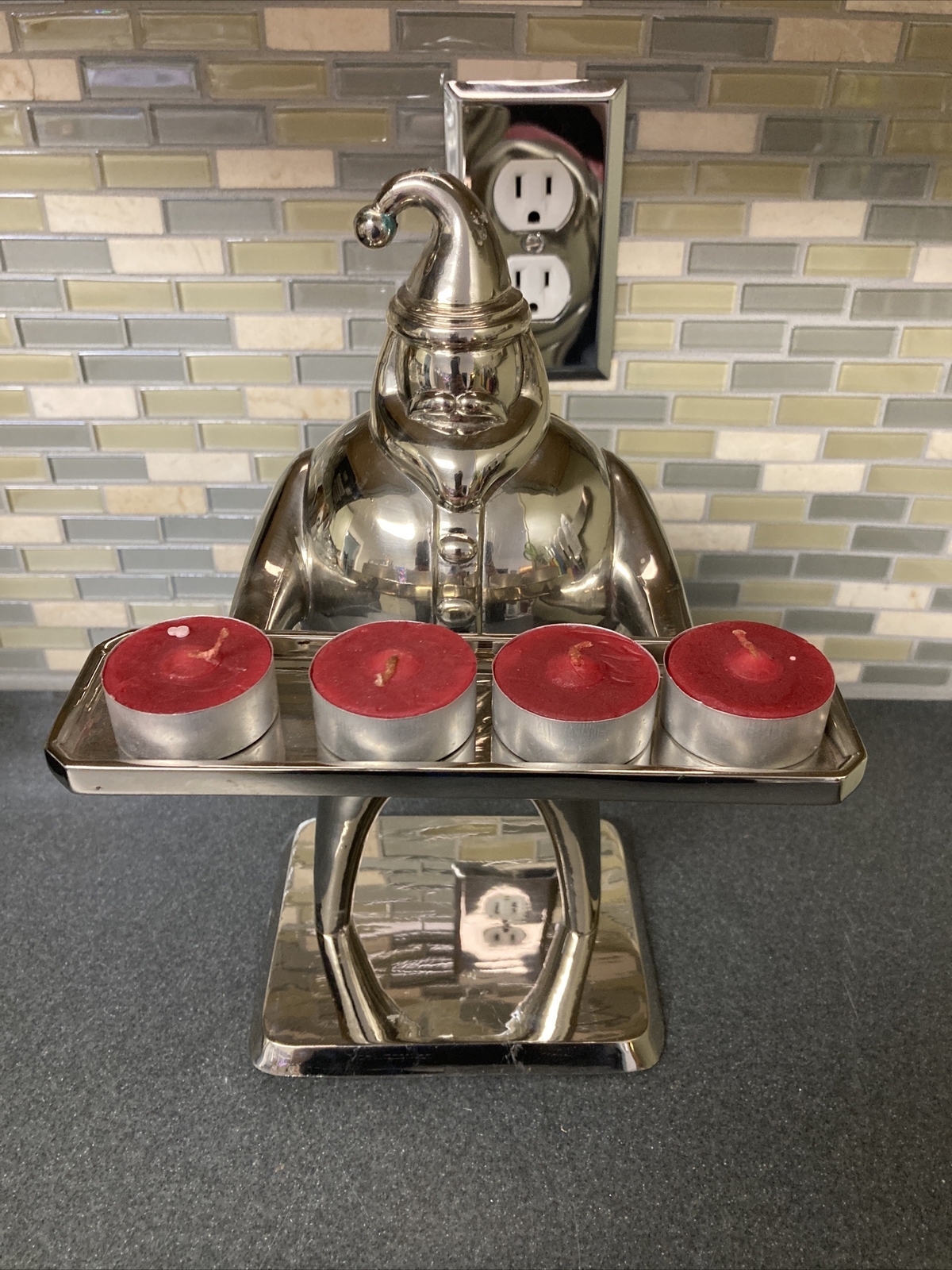 Vintage Cider House Silver Santa POTTERY BARN Christmas 4 Tea Light Holder Decor