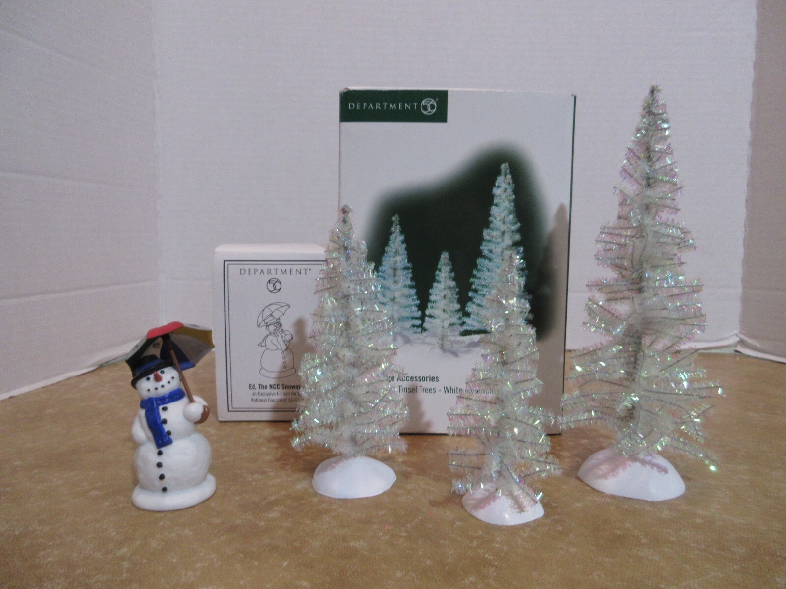Dept. 56 2004 Classic Tinsel Trees 3 Pcs. & 2005 Ed ,The NCC Snowman