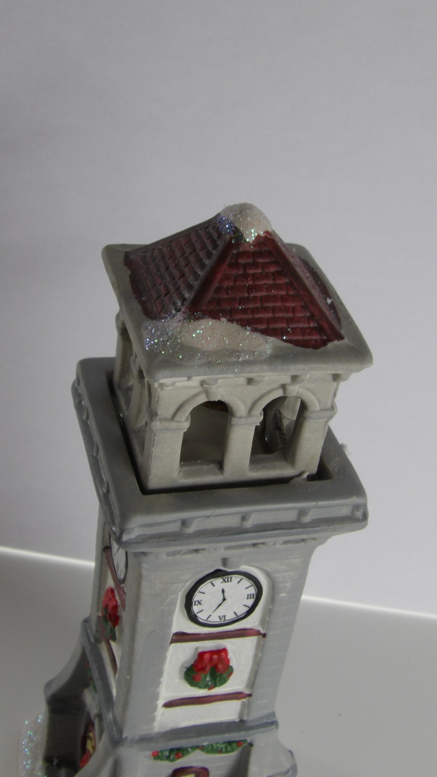 Ceramic Village Bell and Clock Tower Building, Glitter Snow Accents.