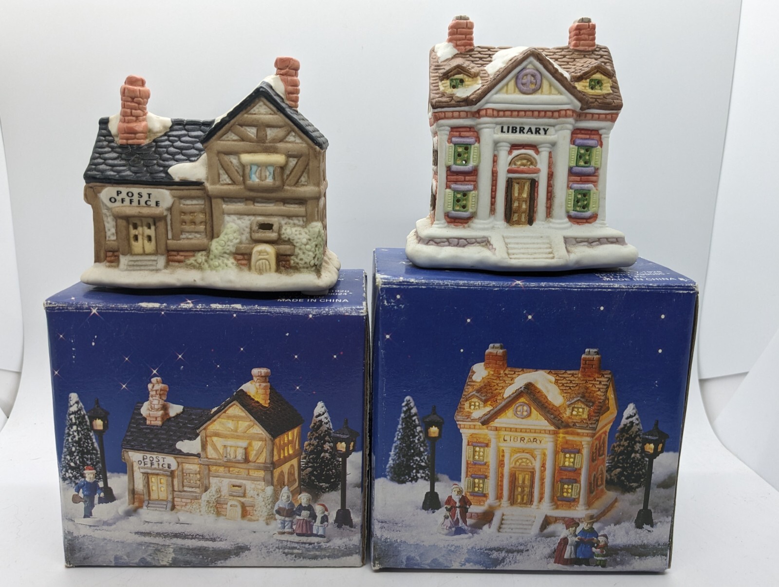 Porcelain Bisque Miniature Olde Town Village 2 pc Set Post Office and Library
