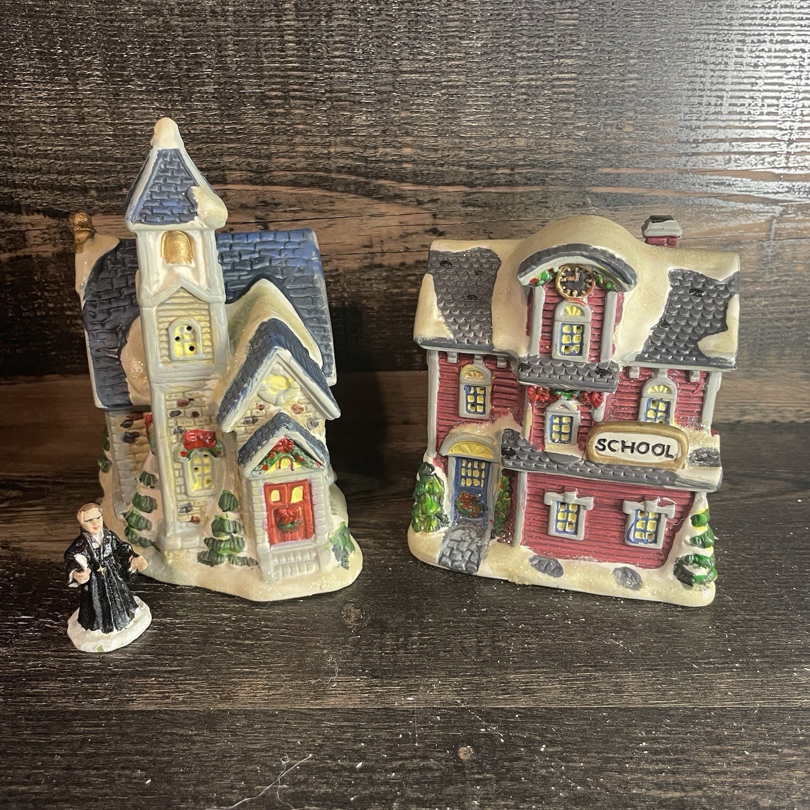 Vintage Porcelain Christmas Village Lot: School, Church & Priest Figurine