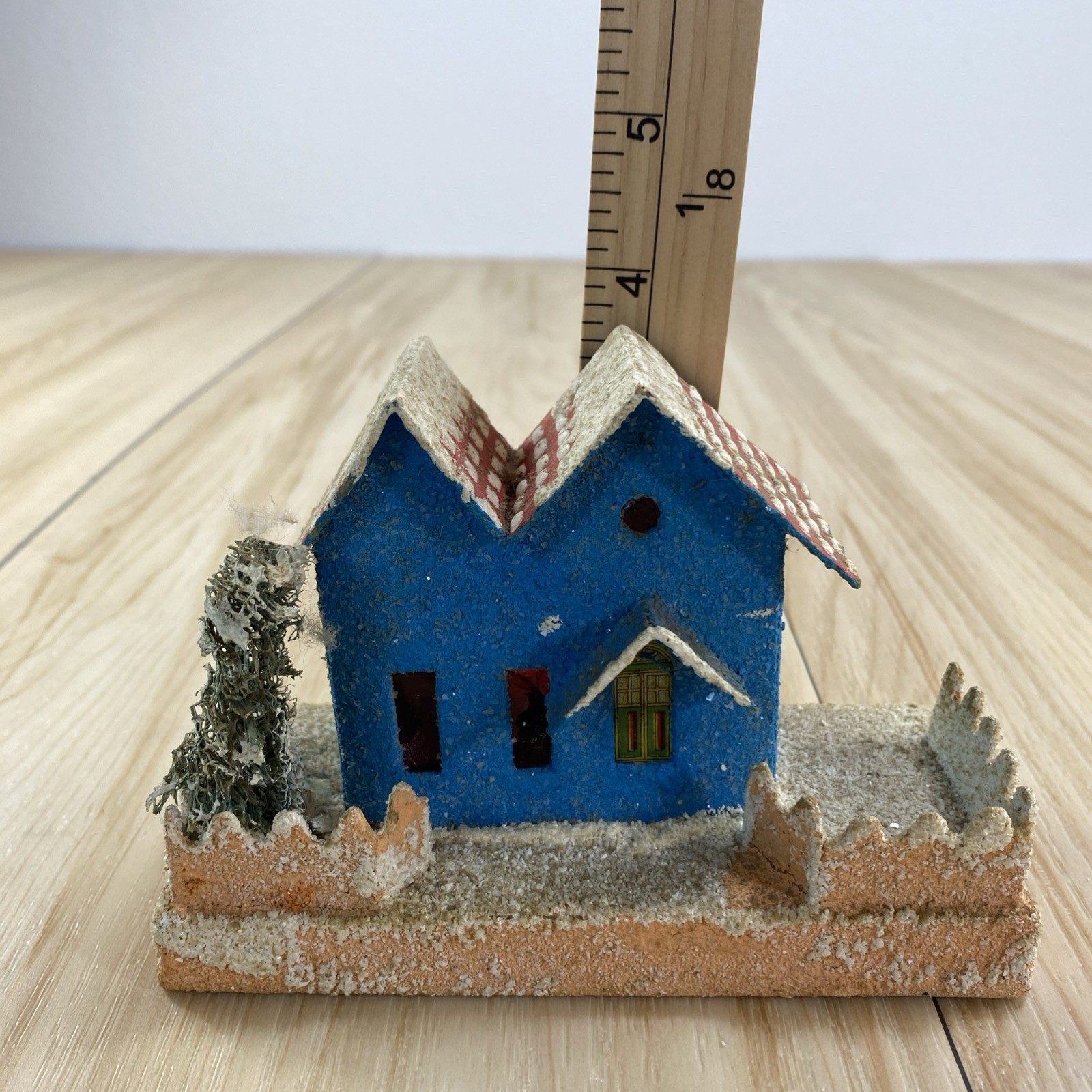 Vintage Putz Christmas Village Blue House Japan Coconut Mica Glitter Fence