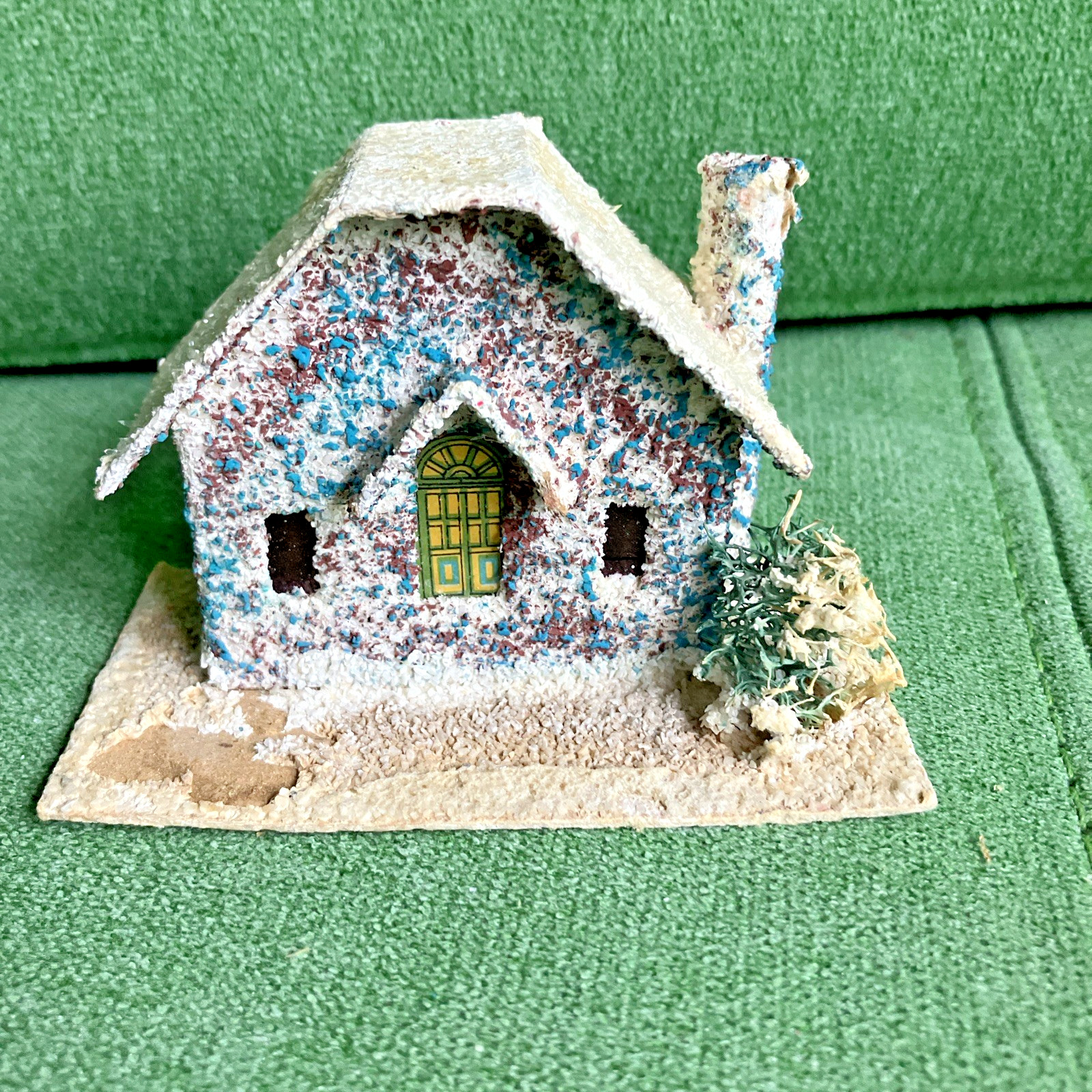5 Different VTG Christmas Putz Houses, Cardboard w Mica Glitter, Windows, Trees