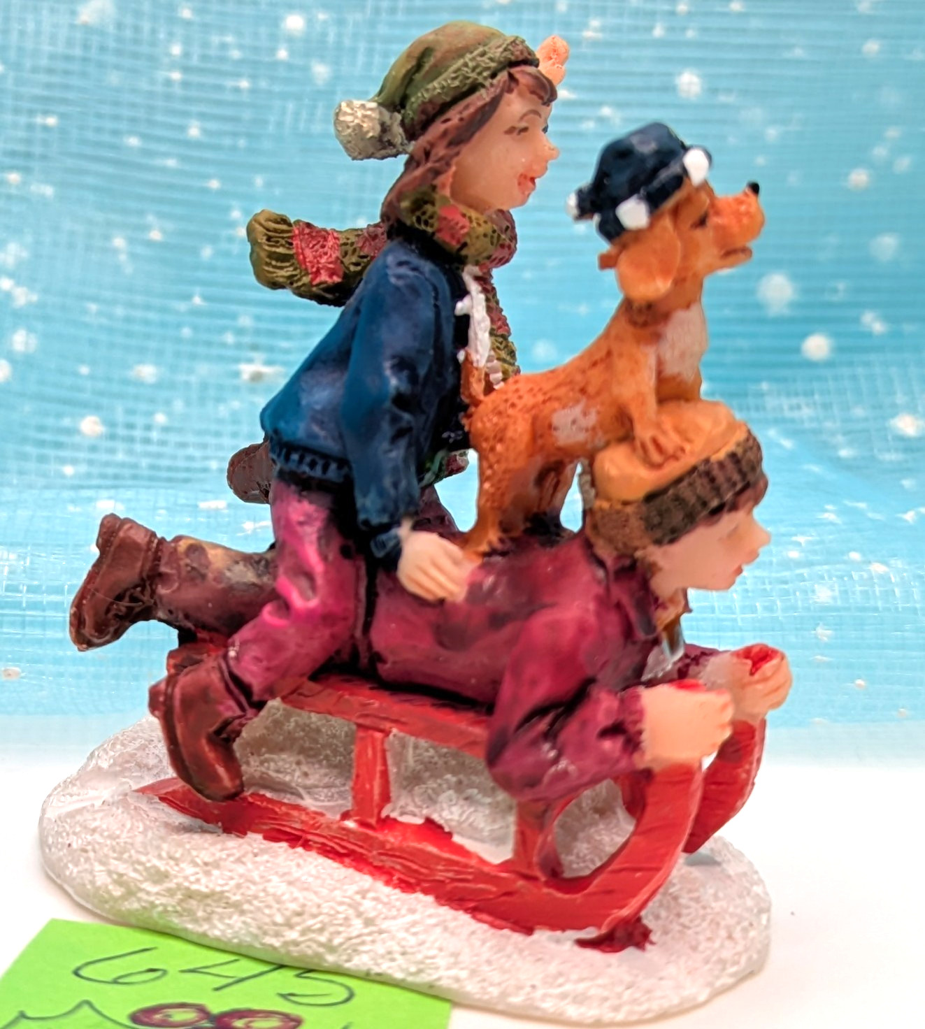 St Nicholas Square dog children sledding Christmas Village Figurine LOOSE INV645