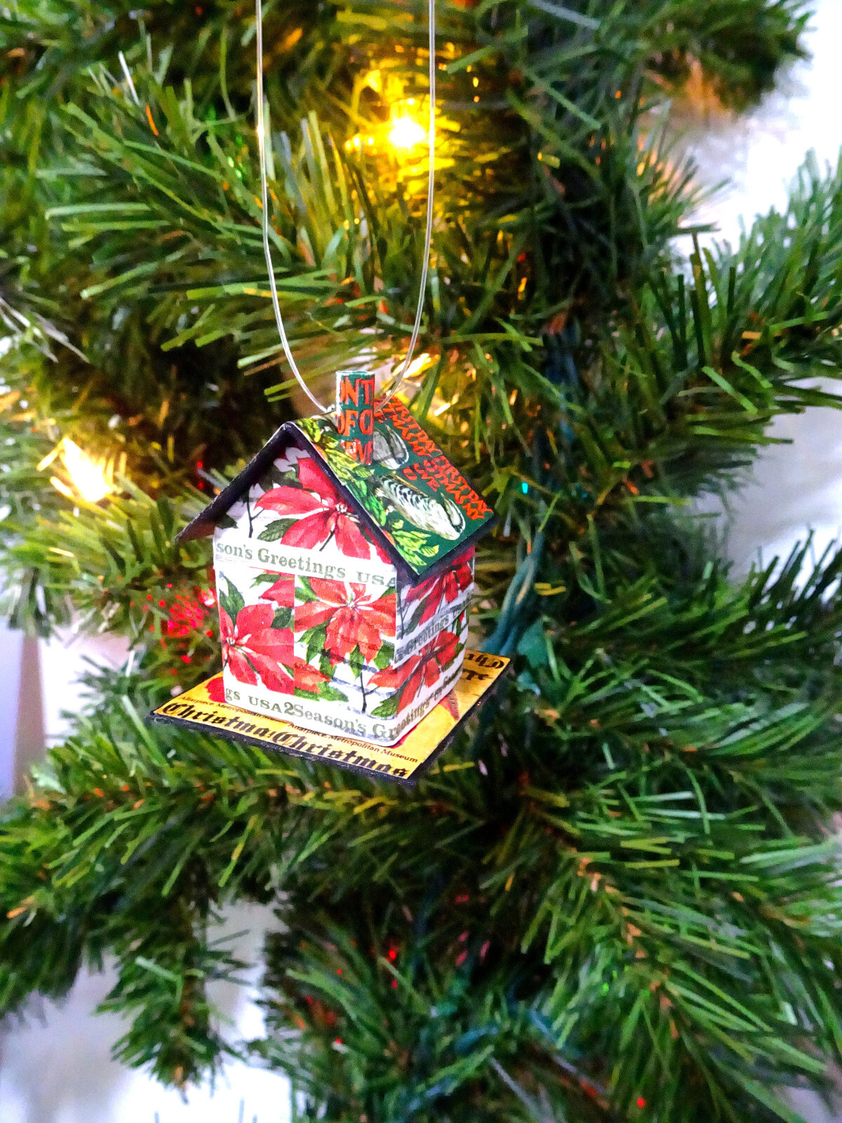 1 Handmade MINI Cancelled Postage Stamp POINSETTIA HOUSE ORNAMENT 2″ x 1-1/2″