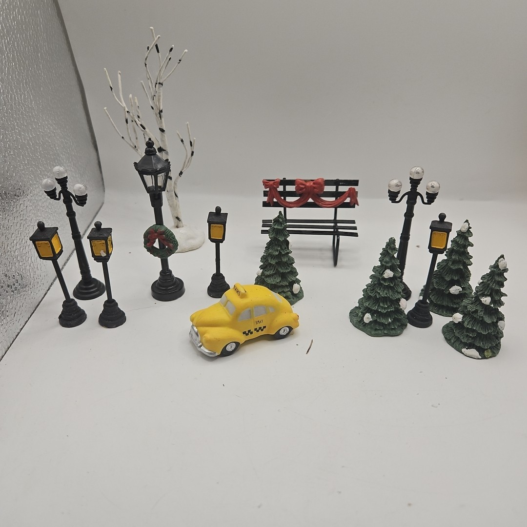 Vintage Village Mini Yellow Taxi Ceramic Car Trees Street Lamps Decorations