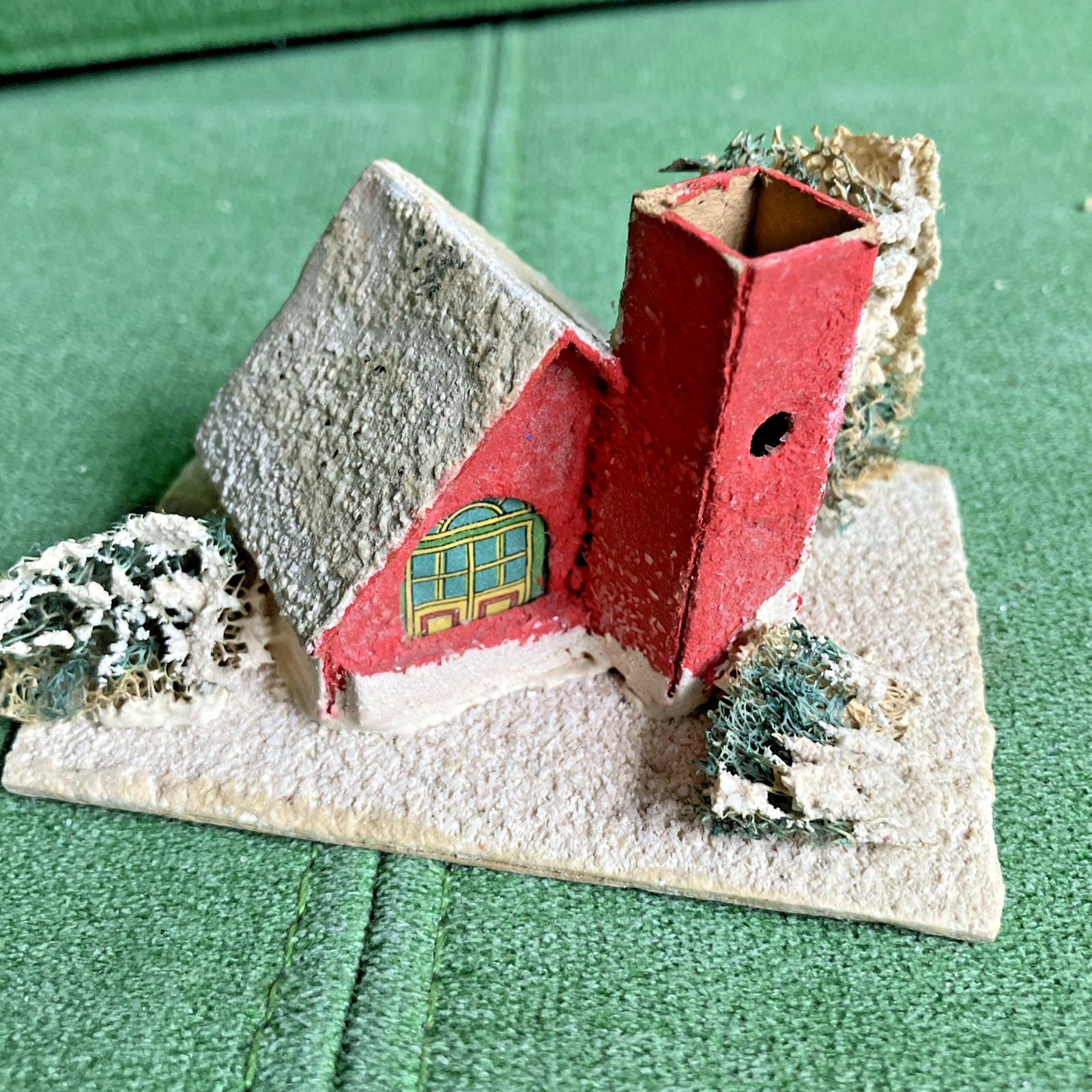 2 Sizes VTG Christmas Putz Houses, Cardboard w Mica Glitter, Windows, Trees