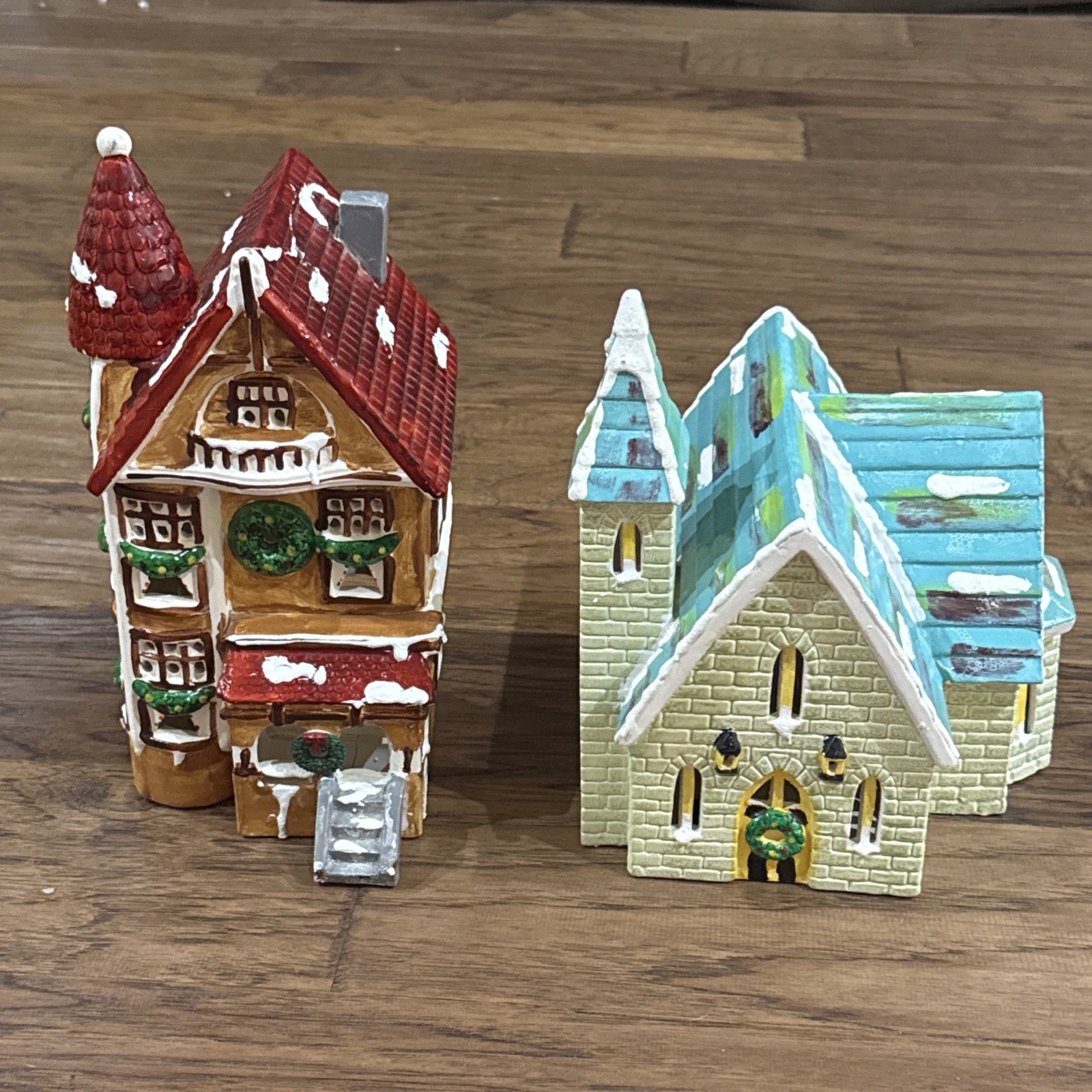 Lot of 2 Vintage Dept 56 Victorian Snow House & Stone Church 1980 1983 No Lights