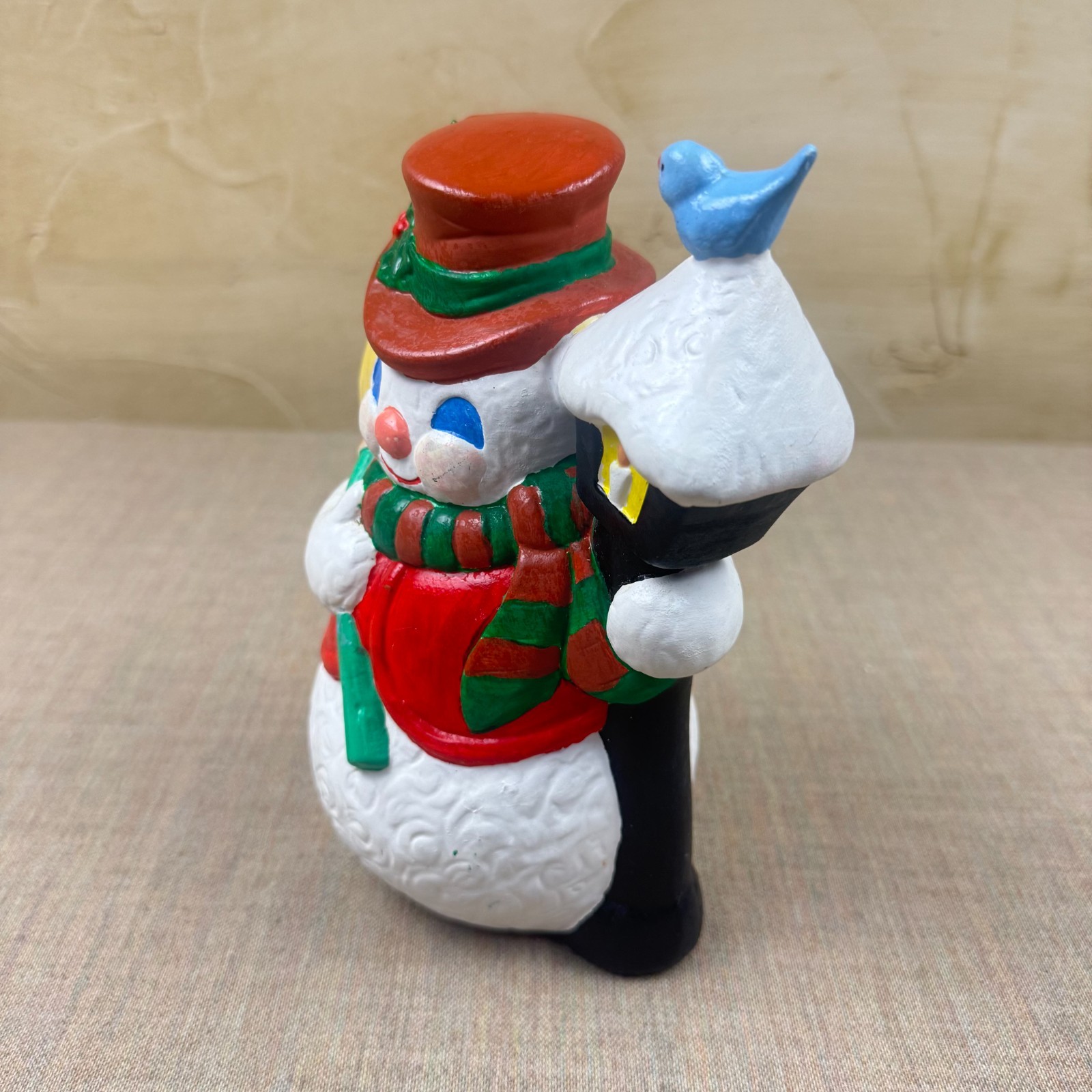 Vintage Snowman Figurine with Lamp Post & Bluebird – Bright Hand-Painted Christm