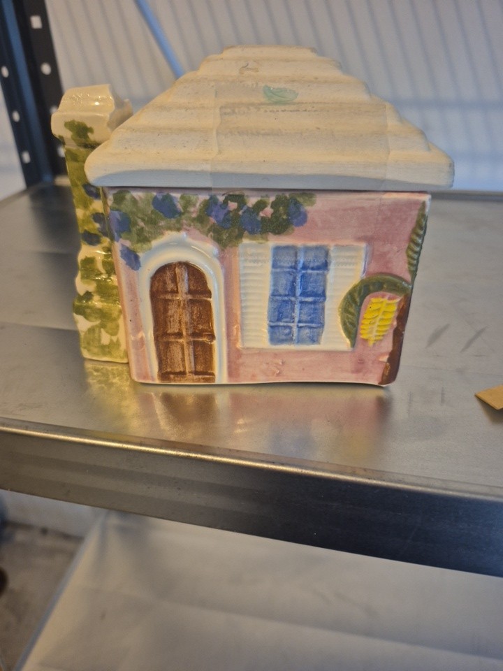 Vintage Hand-Painted Ceramic Cottage House With Lid