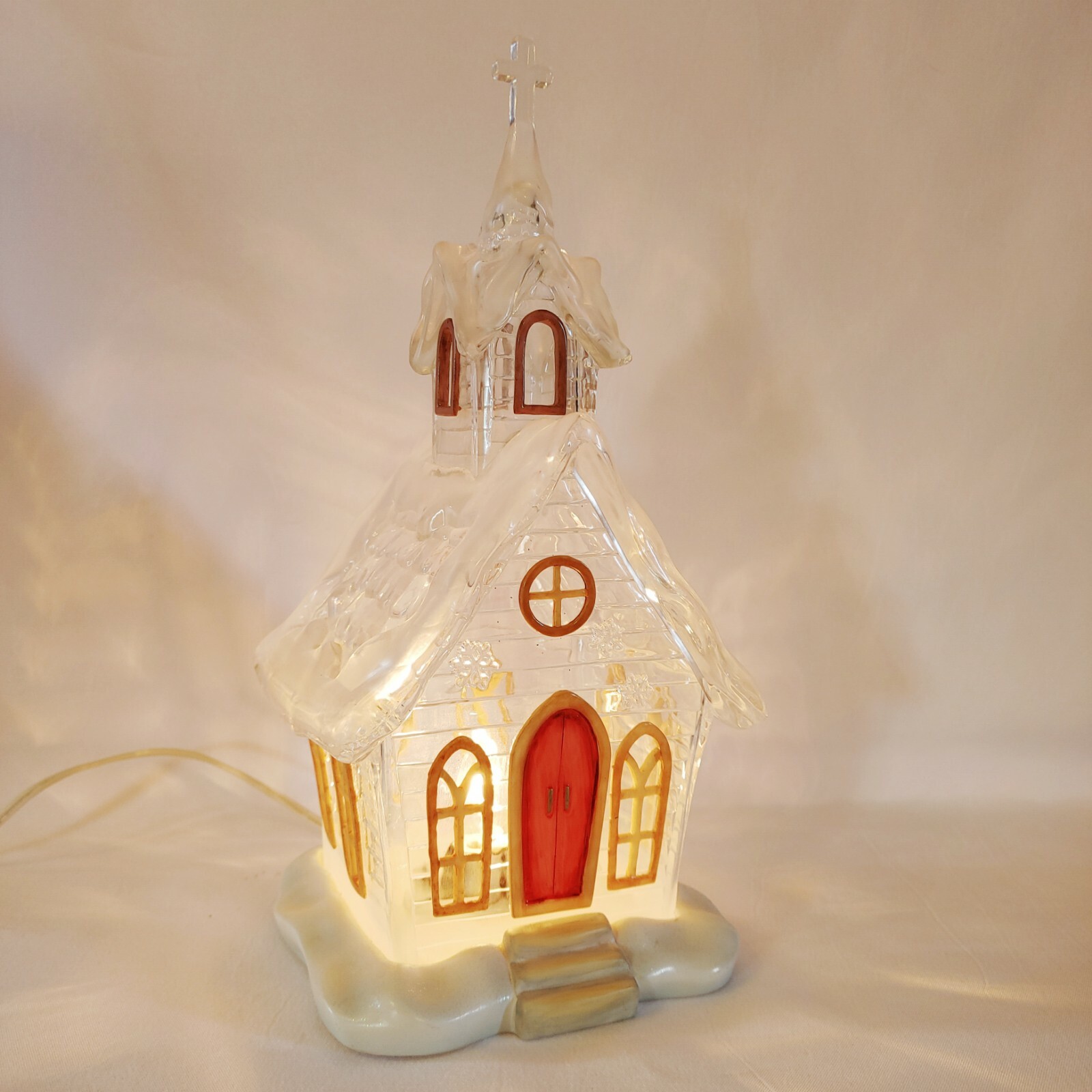 Vintage Christmas Lighted Church Chapel Heavy Clear Glass Snowy Plug In 12.5”