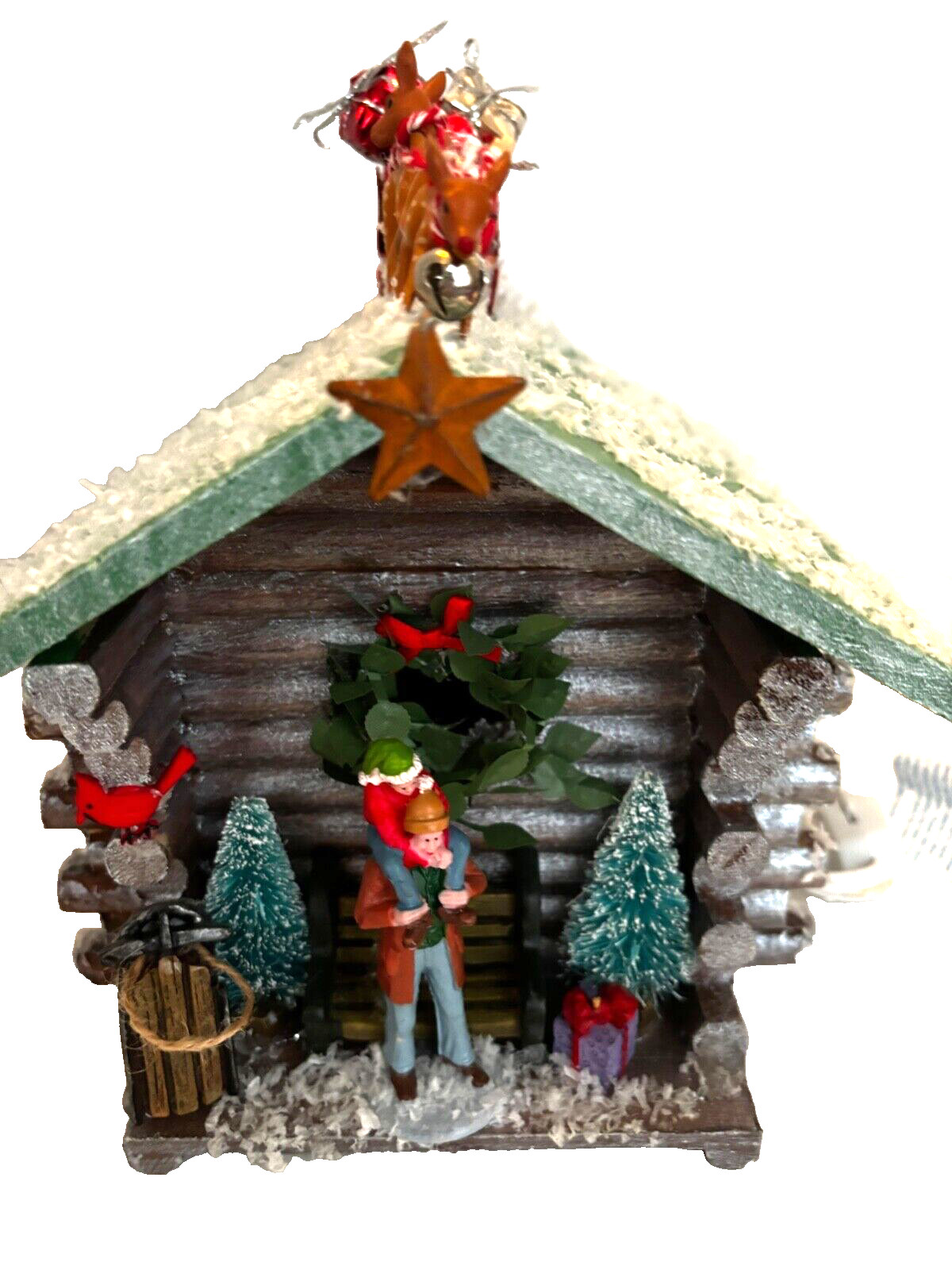 Handmade Christmas Log Cabin Display Santa on Roof Lighted 7″ tall Wood