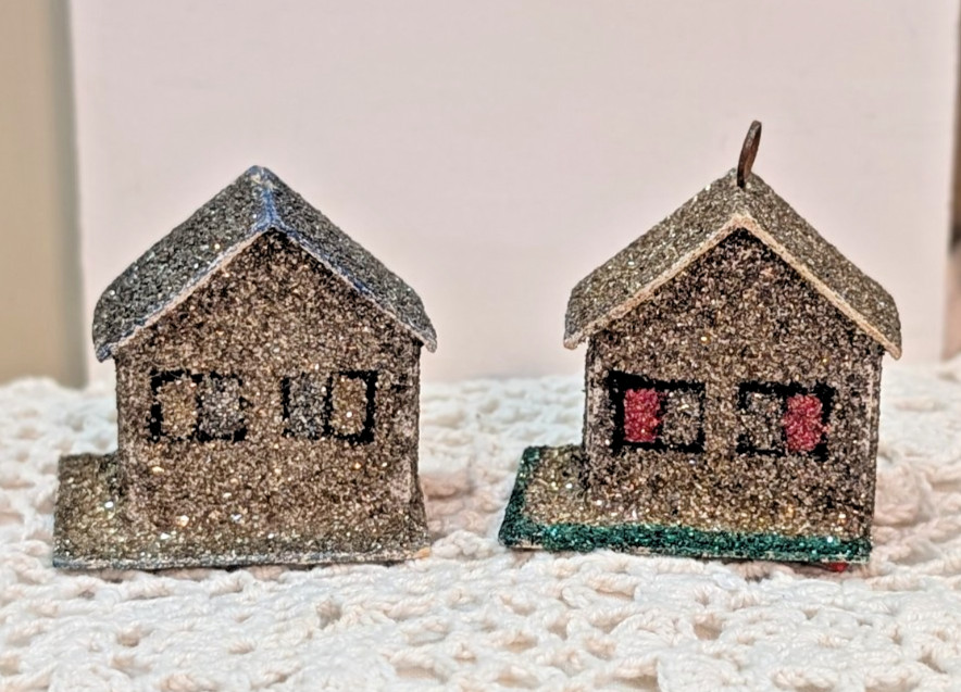 Vintage Putz Style Miniature Silver Mica Glitter Houses Made In Western Germany