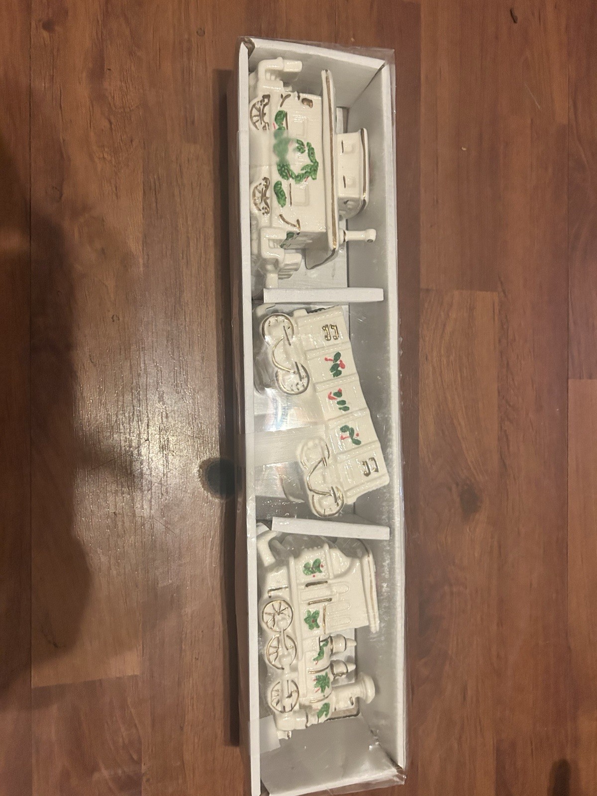 Ceramic Train Christmas Village Set Painted White Green Red Pack of 3
