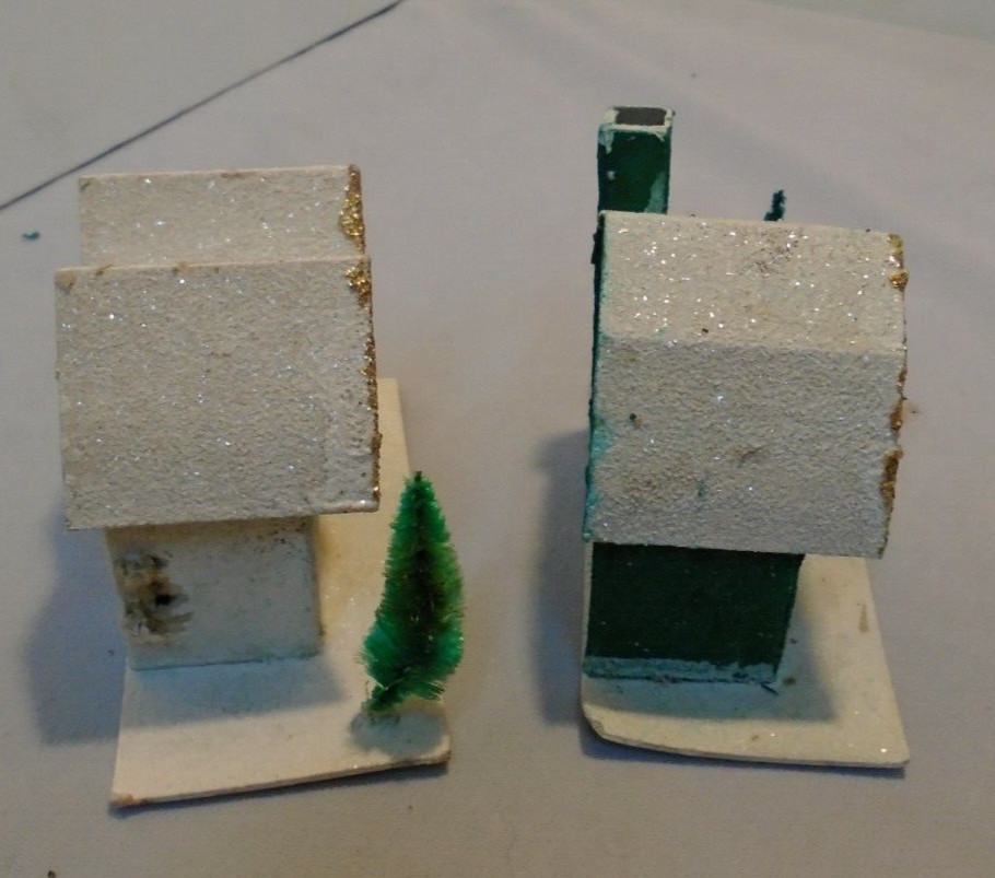 Christmas Cottages Glitter Cardboard Tree 2.75″ Tall 4″x2″ Bottom VTG FREE SHIP