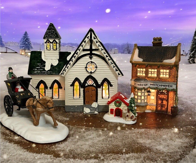 Vtg Dept 56 Lot Of 4 Xmas Snow Village Church Geo Weeton Cab Dog House Retired