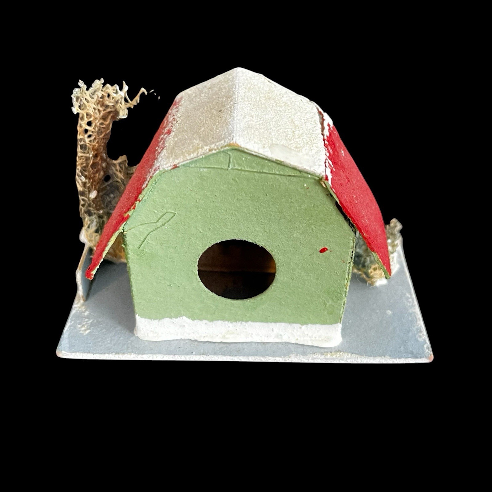 3 Vintage Lot Cardboard Putz Houses, Church Glitter, Bottle Bushes JAPAN