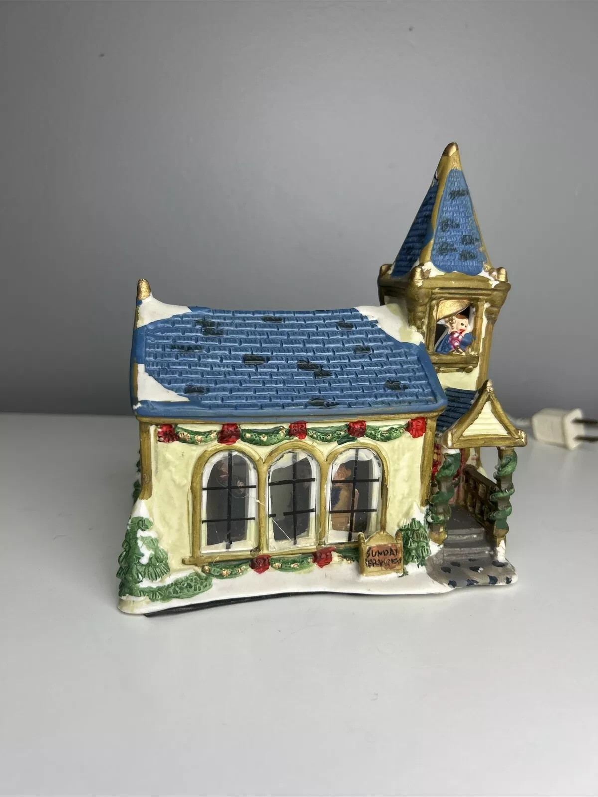 Unbranded Christmas Village Blue & White Church Sunday Service Building W/ Light
