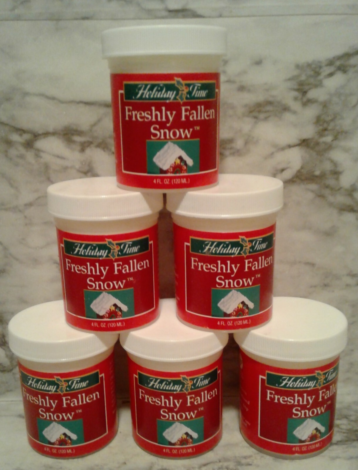6 NEW! Christmas HOLIDAY VILLAGE FALLEN SNOW 4 oz. Jars