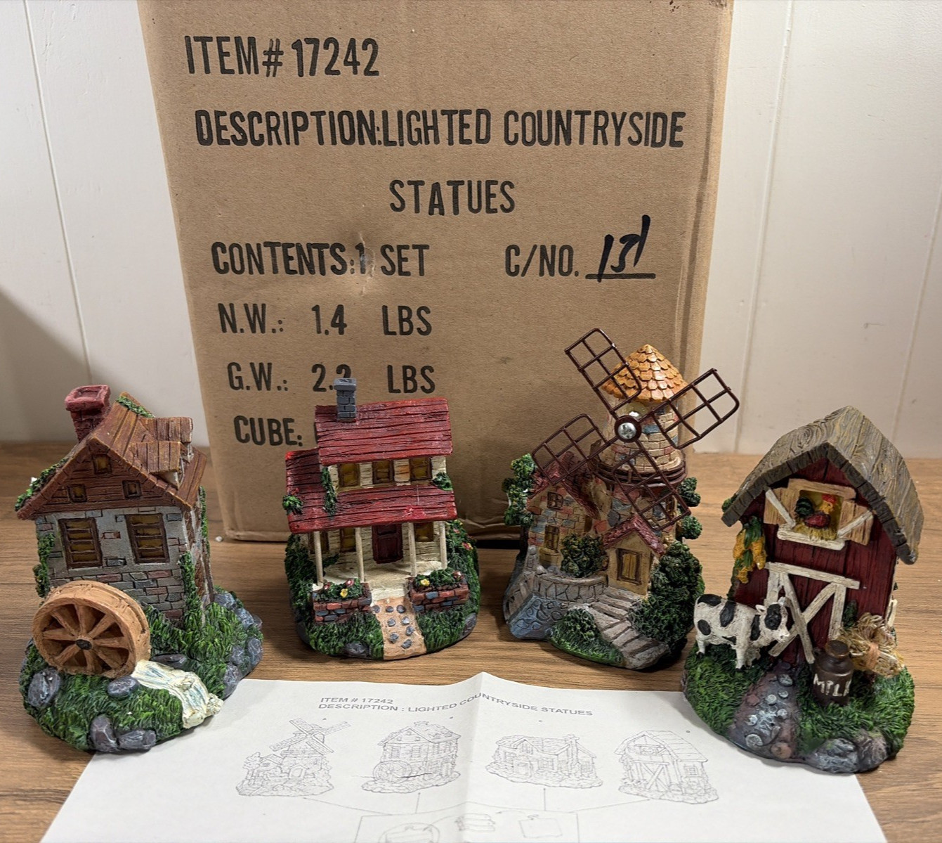 Vintage Lighted Countryside Village Resin Buildings Set of 4 Windmill Cottage