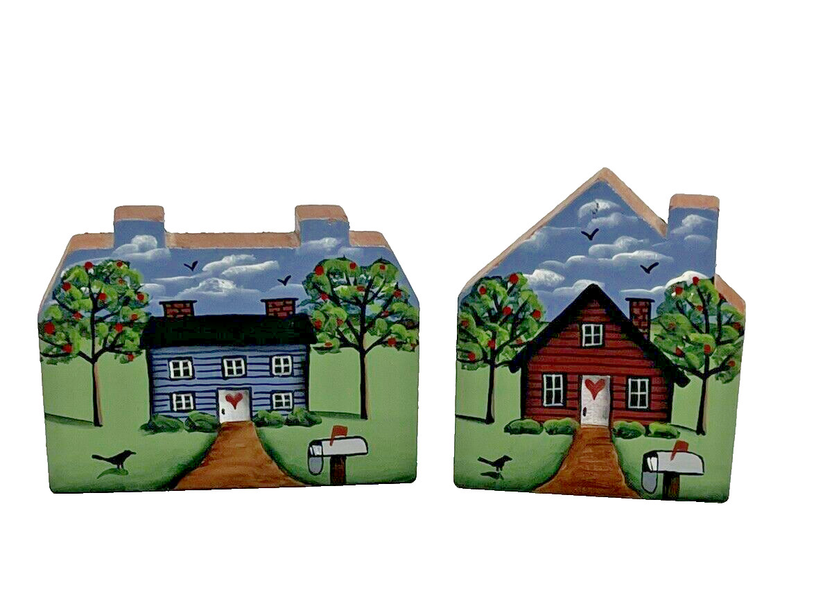 2 Karry Johnson Folk Art Hand Painted Miniature Wooden Houses Village ~ Signed