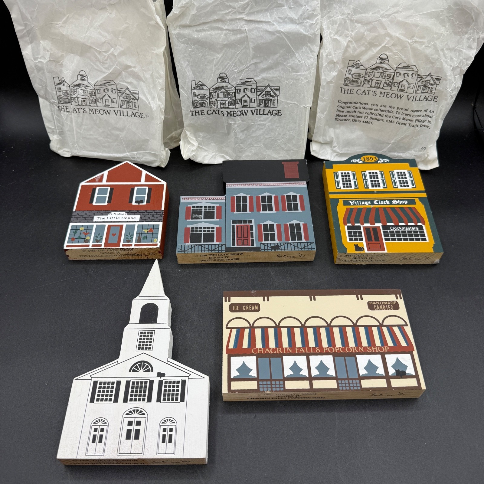 Vtg 1986 The Cat’s Meow Village Series lV Signed Feline Lot of 5 Church Popcorn