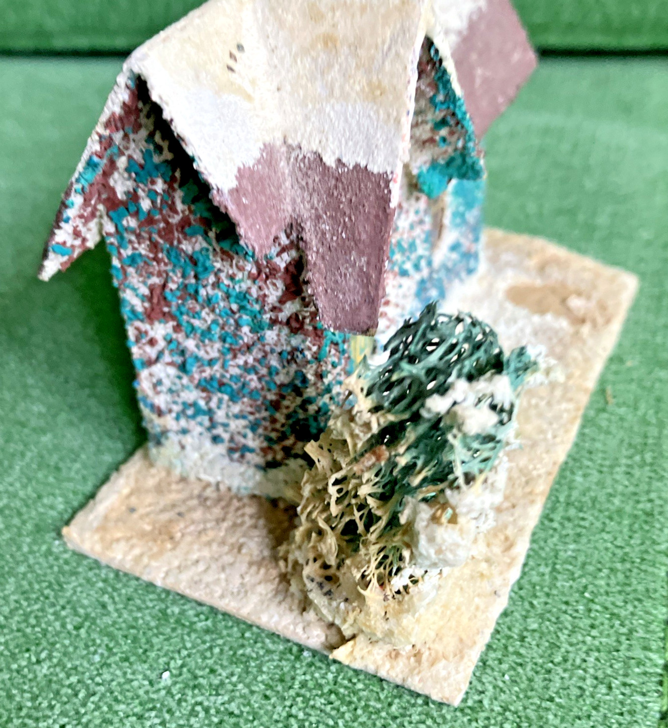 5 Different VTG Christmas Putz Houses, Cardboard w Mica Glitter, Windows, Trees