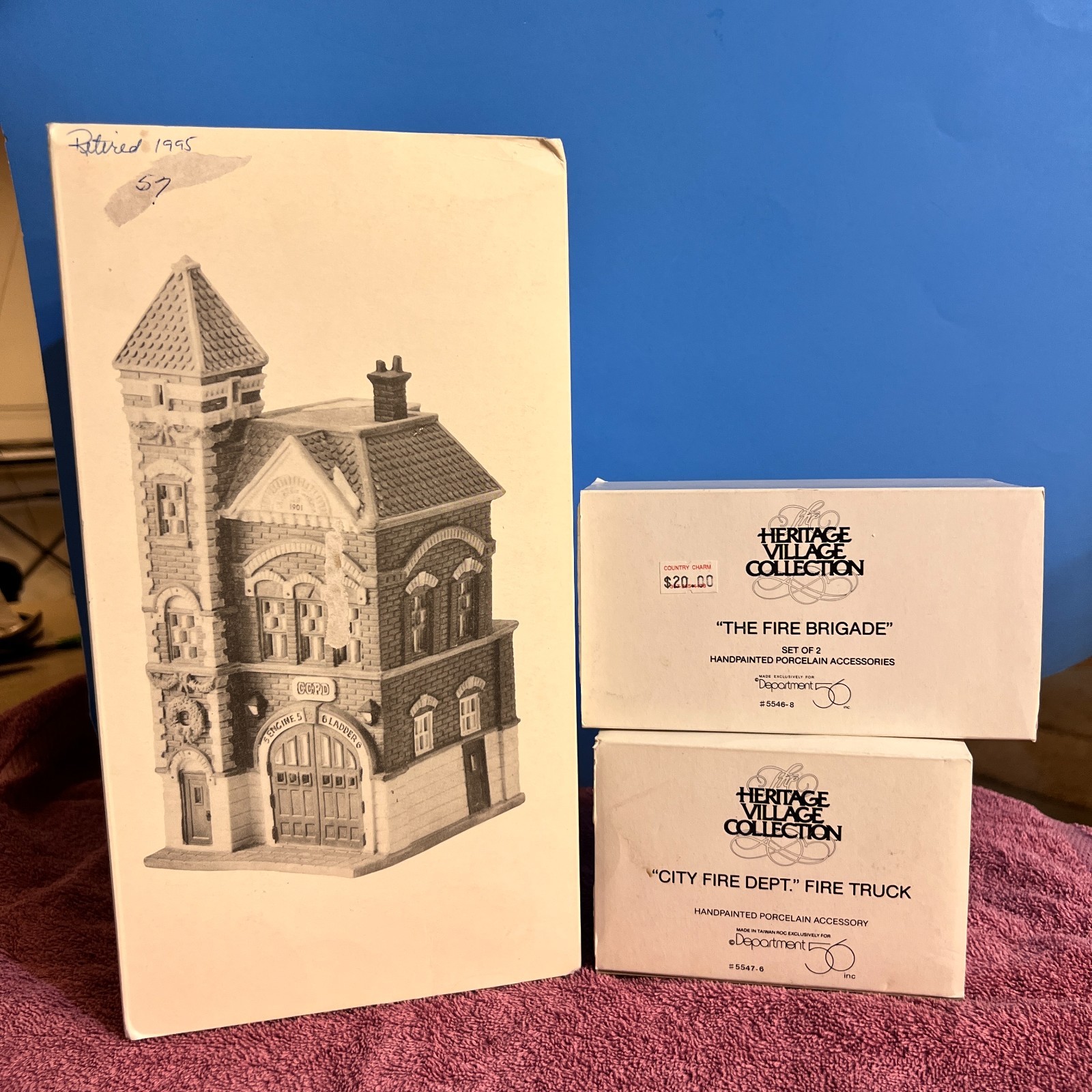 DEPT. 56 – 1990 RED BRICK FIRE STATION, CITY FIRE TRUCK AND FIRE BRIGADE- RARE