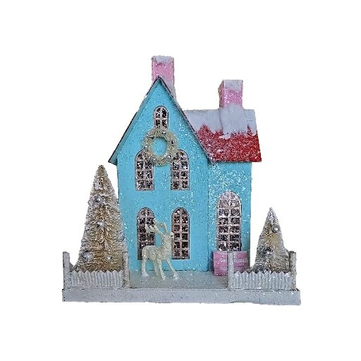 Vintage Inspired Contemporary Putz, Mica, Cardboard Light Up House