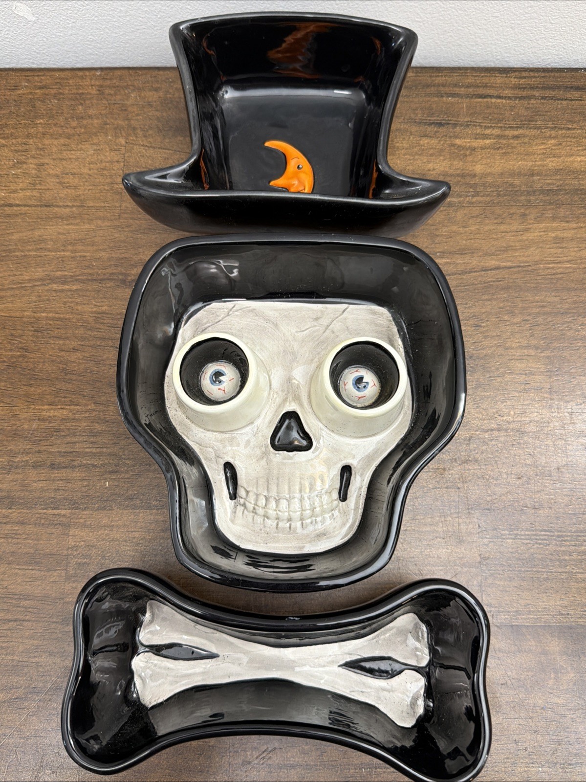Department 56 FRANKENSTEINS LAB Google Eye Skull Skeleton Candy Dish 3pc Set