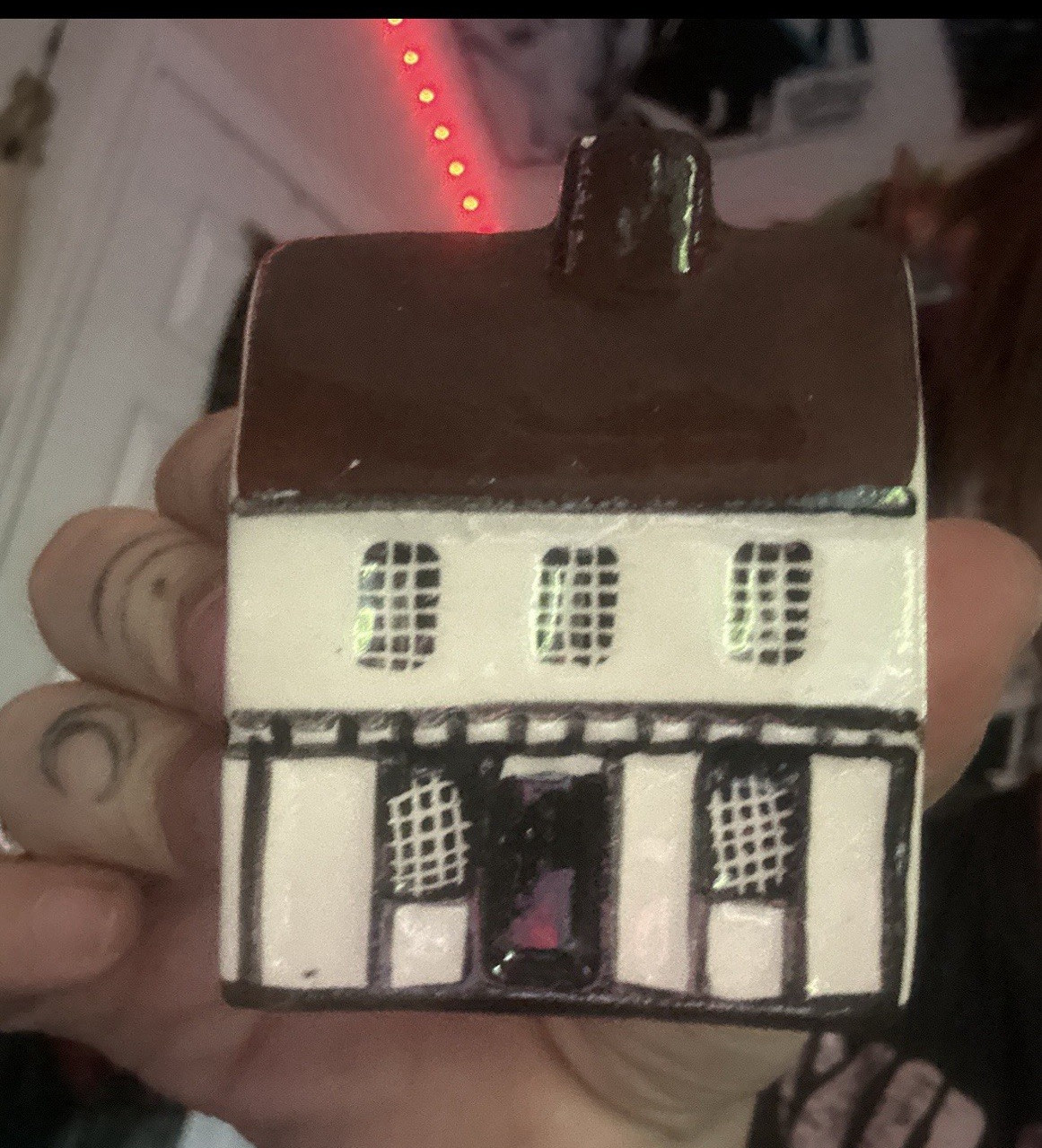 Ceramic & Porcelain Village House Miniature Figurine, Brown White Black