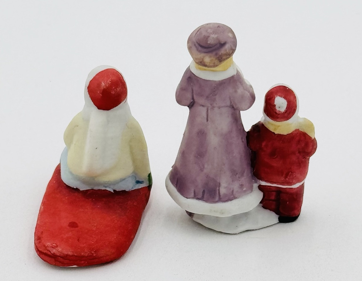 6 Christmas Village Figures Ceramic Skiing Sledding Towns People Kids Flaw