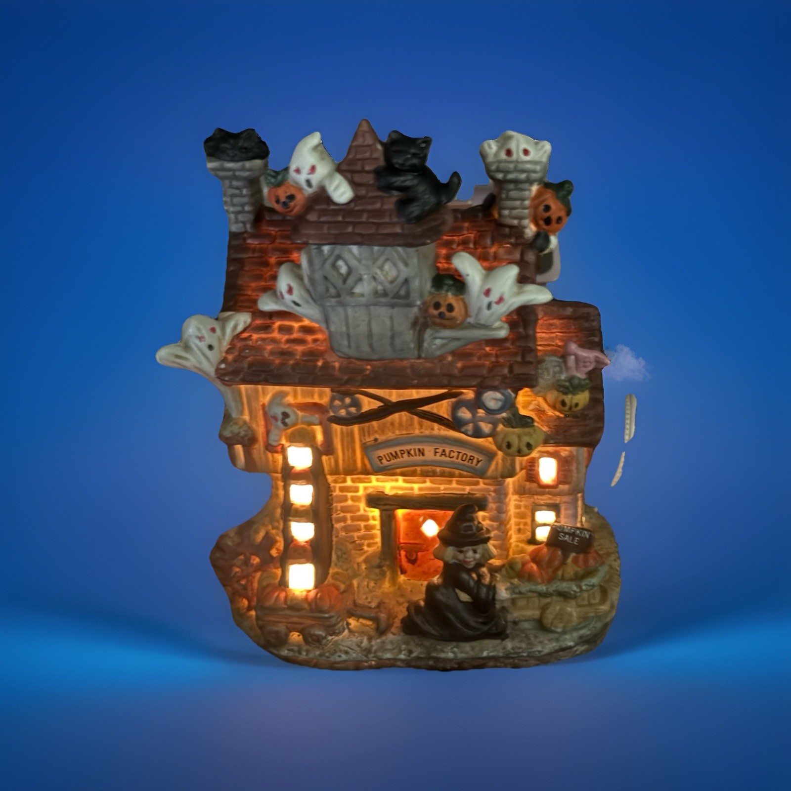 Haunted Haven Pumpkin Factory Lighted Hand Painted Porcelain House Vtg Lights Up