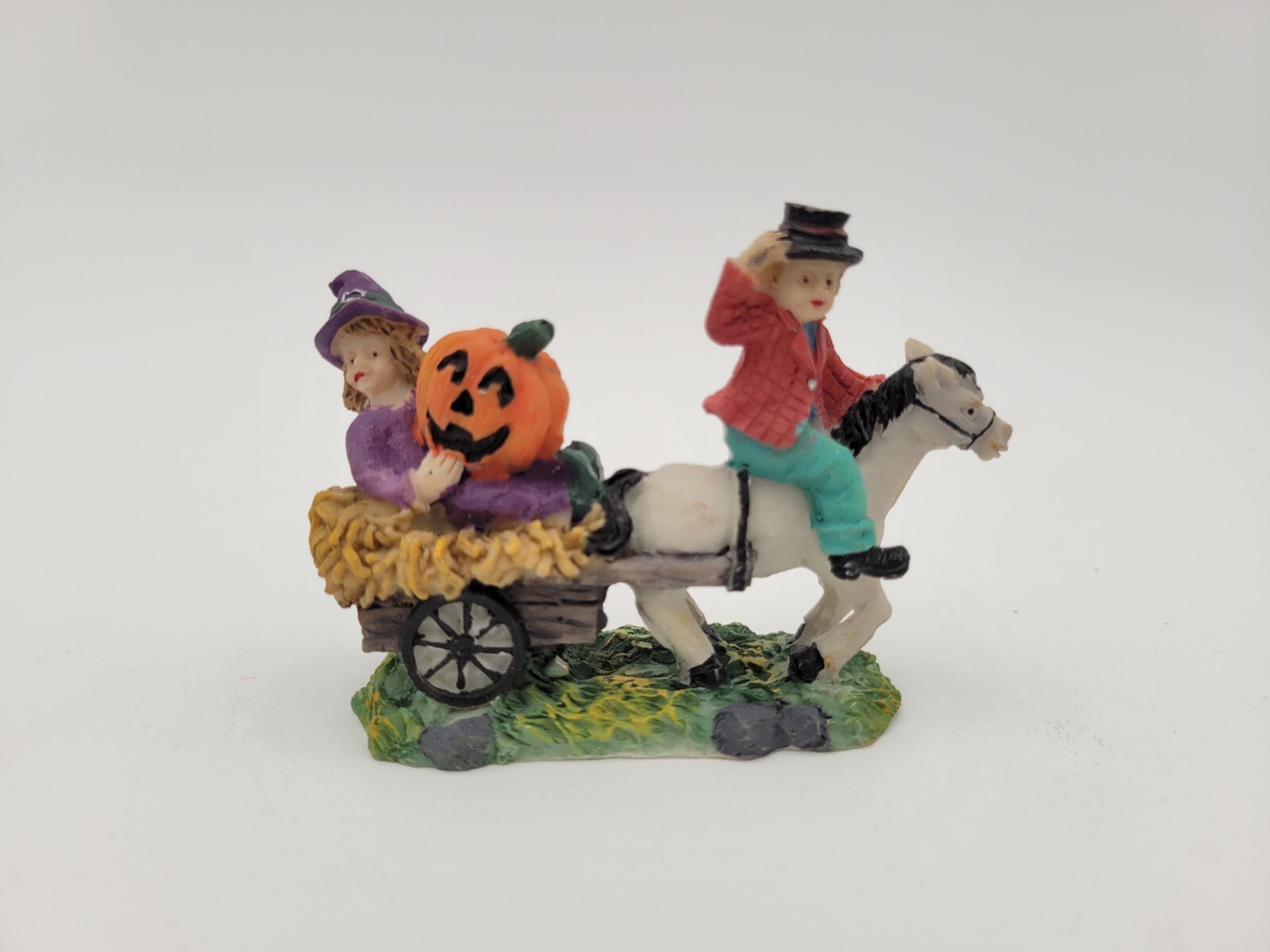 Halloween Village Miniature Figures Figurine Resin Witch W/ Pumpkin In Wagon