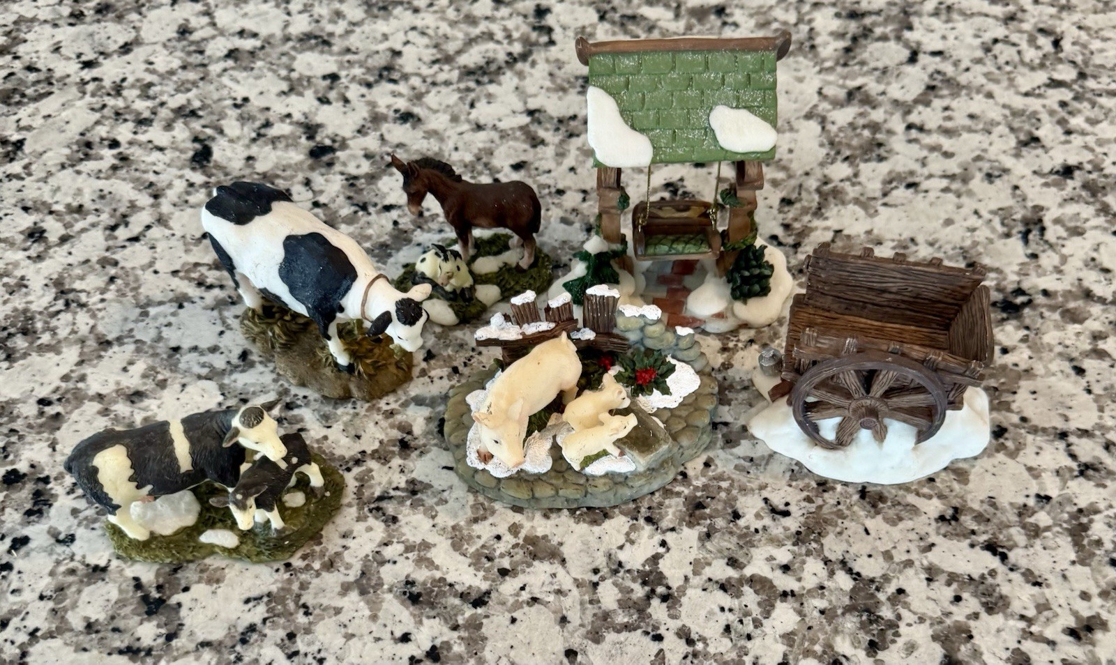 Lot Of O’WELL Village Figurines Farm Animals, Swing, Cart, Christmas Theme