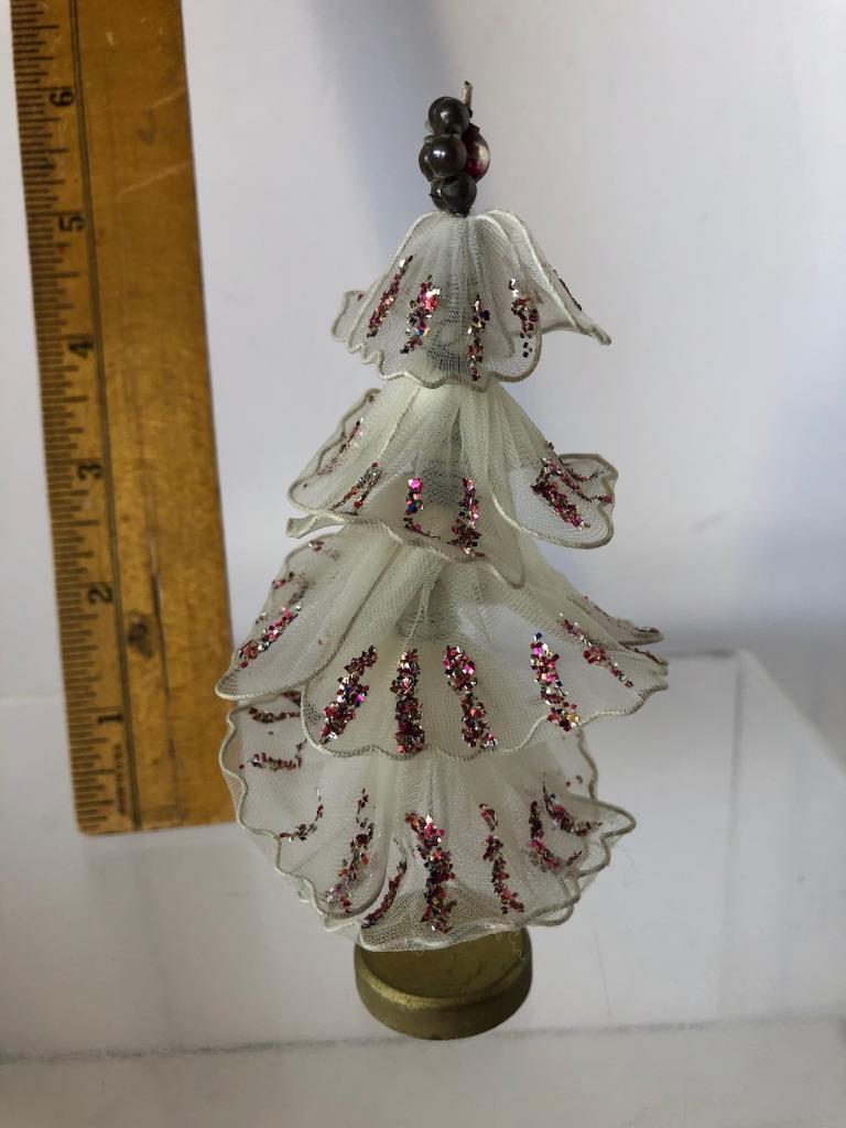 Early 1920’s Christmas Tree White Delicate Fabric on Wire w/wood Base Germany 5″