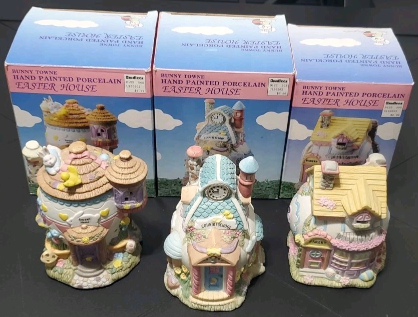Vintage Bunny Towne Easter Village Houses Lot of 3-Home, Bakery & Country School