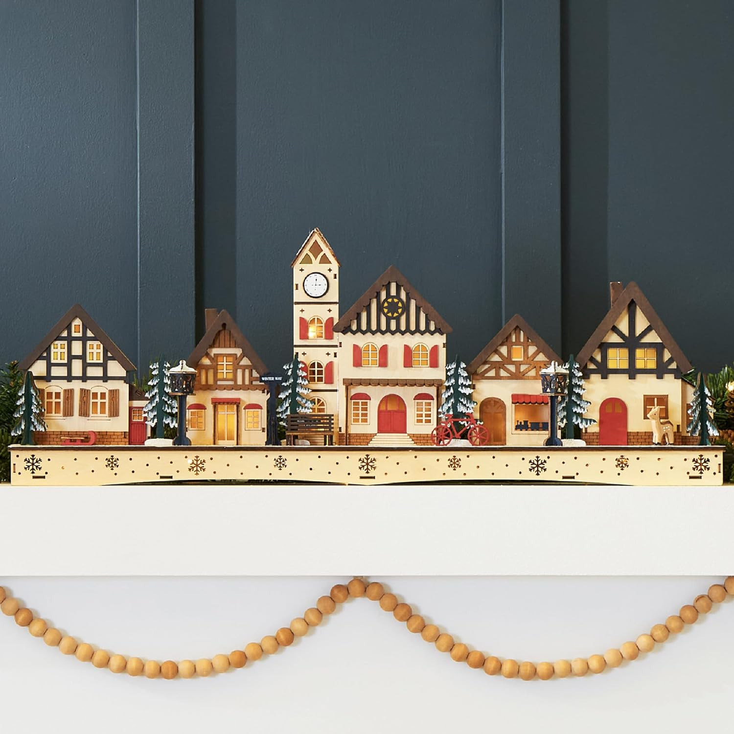 Pre-Lit Wooden Christmas Village with LED Lights for Festive Home Decor