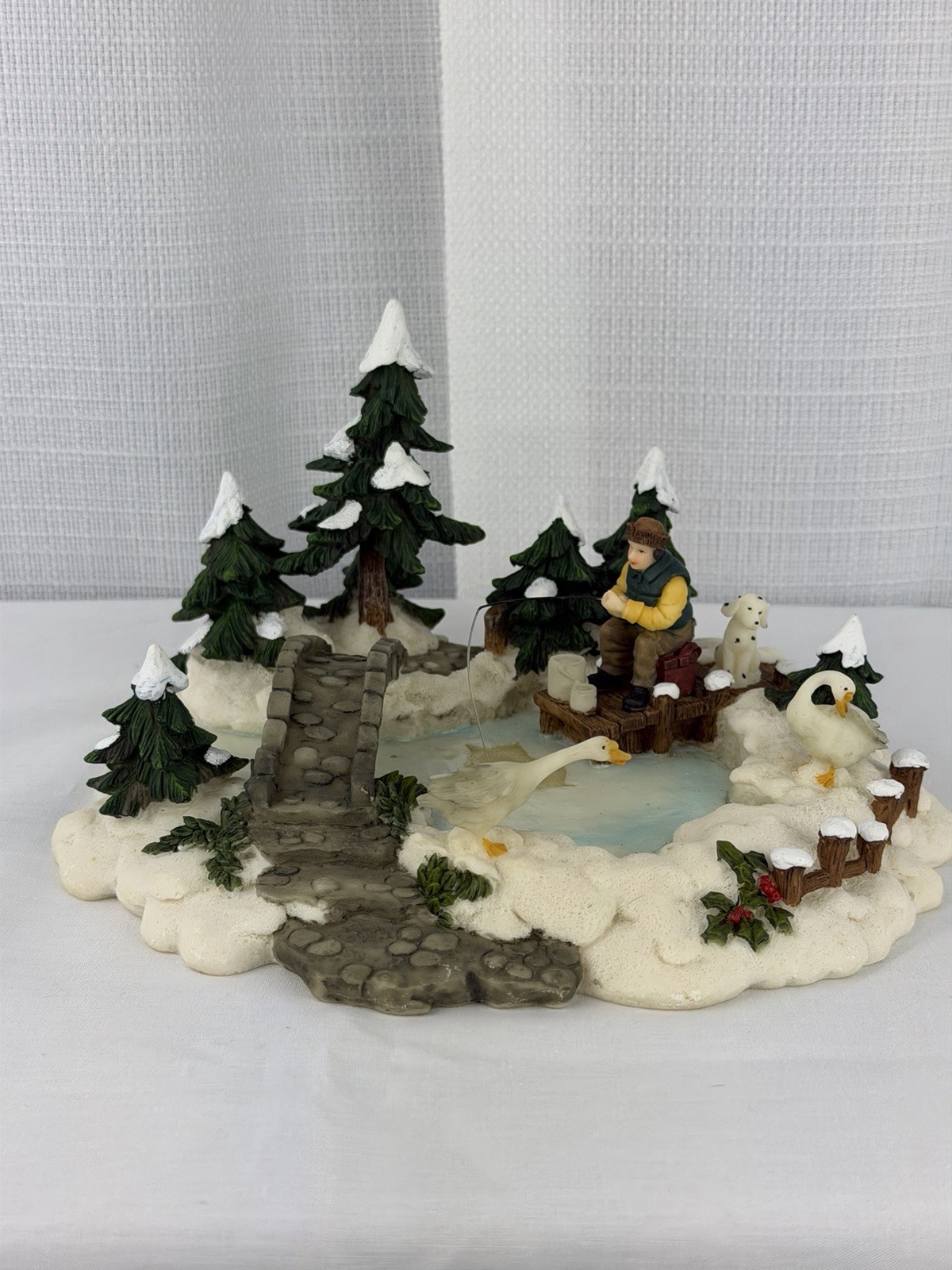 O’well Duck Pond Fishing Snow Winter Man Dalmatian Dog Geese Christmas Village